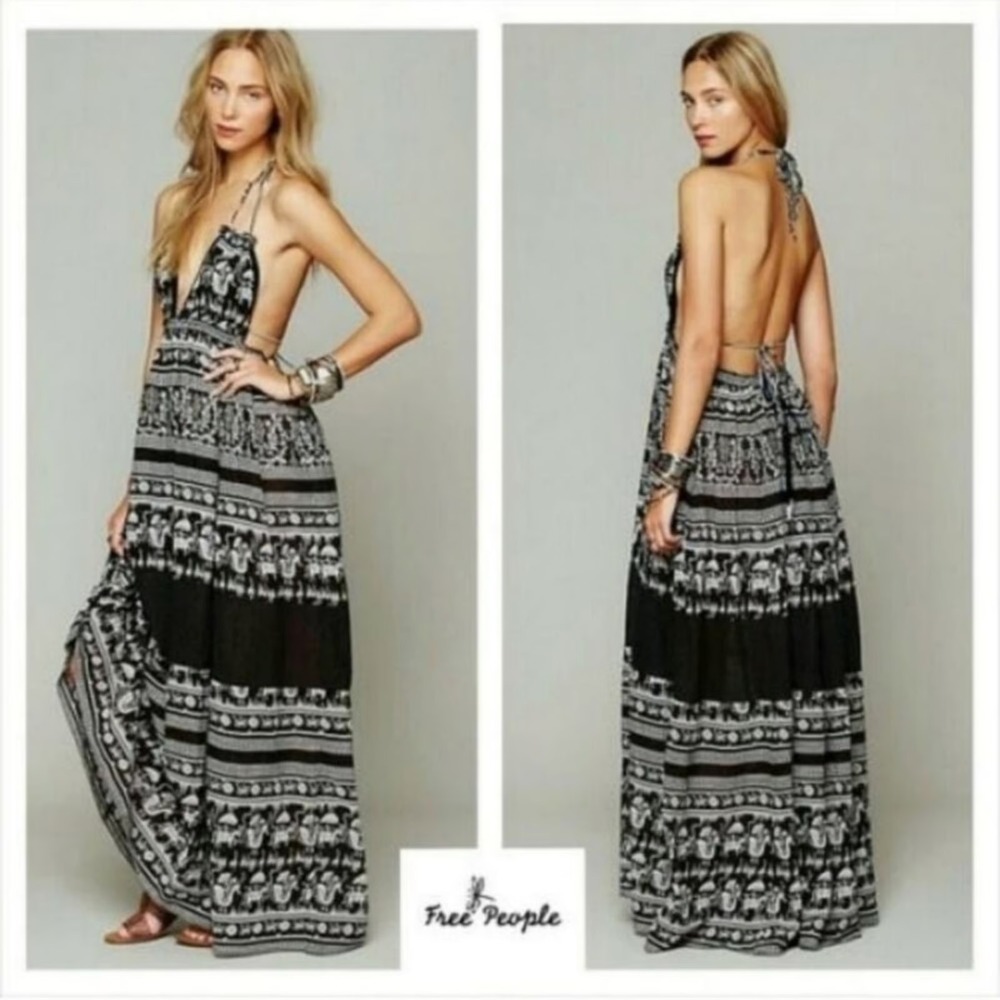 Free People Endless Summer Maxi Dress Womens Medium Black White Tribal Boho